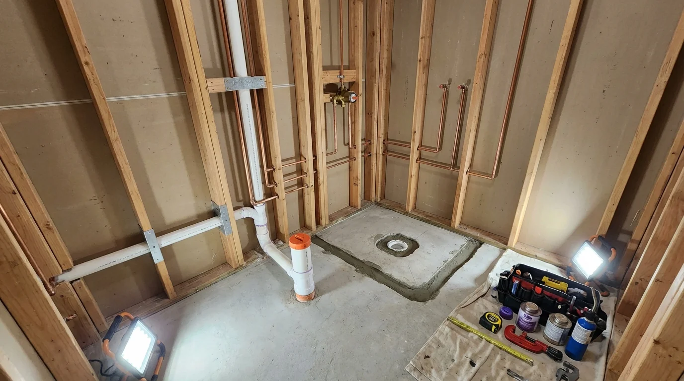Bathroom rough-in plumbing during remodel by Johns Plumbing LLC in Plymouth