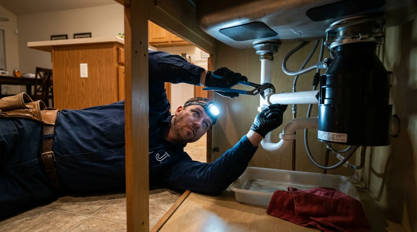 P-trap and supply line connections under a kitchen sink showing a common leak point in Plymouth, PA
